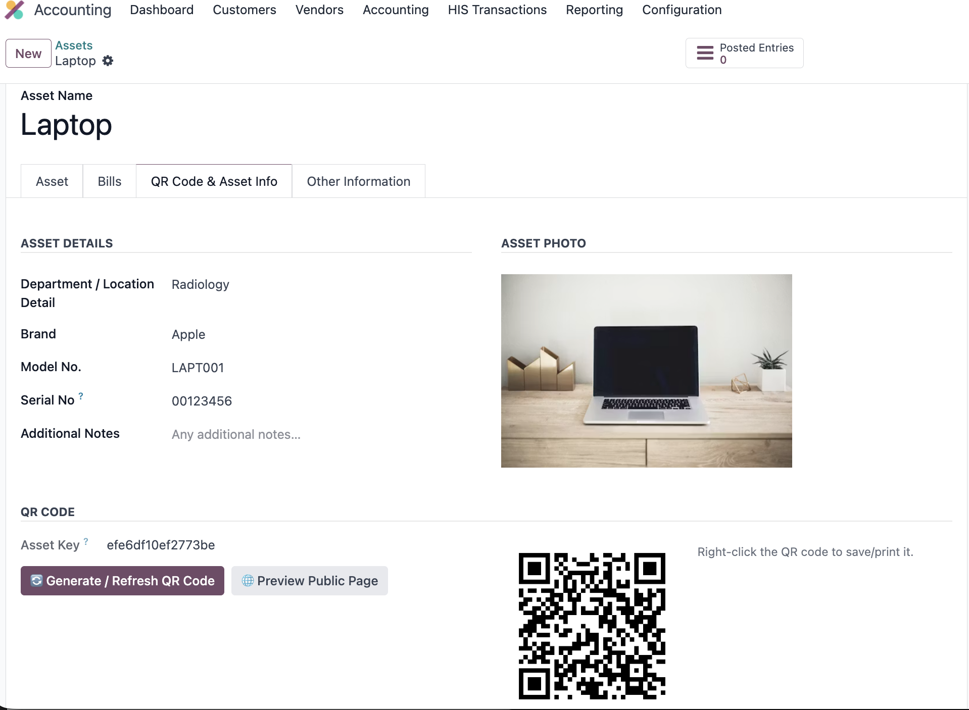 ERP–HIS master data and QR assets ERP–HIS master data interface and QR-coded asset records