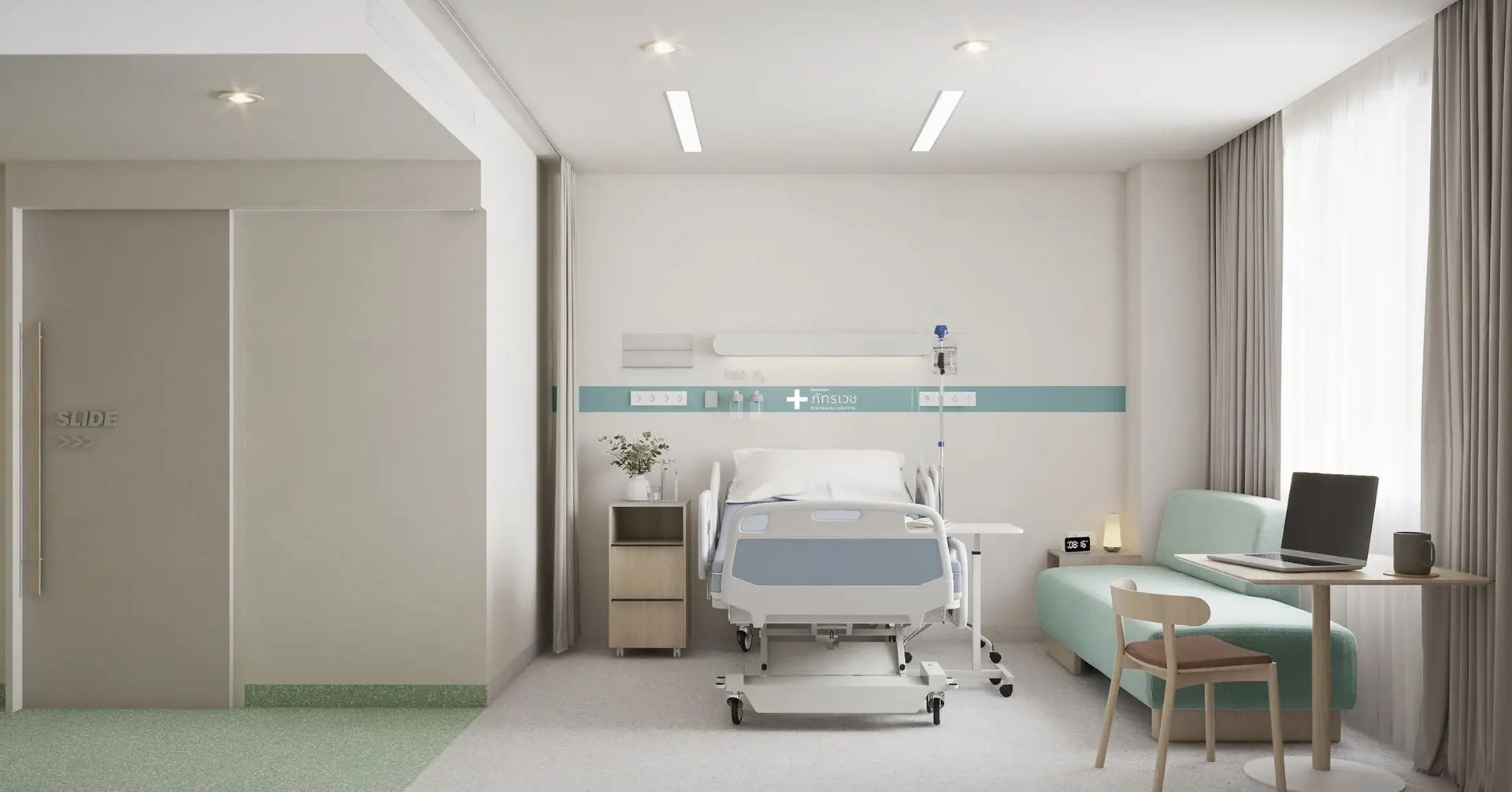 Patient service areas of the full-scale hospital, from outpatient clinics to intensive care