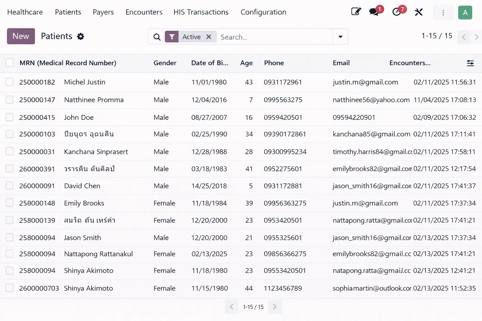 Odoo–HIS integration screen with patient and transaction data synchronised (sample data, not real patients)
