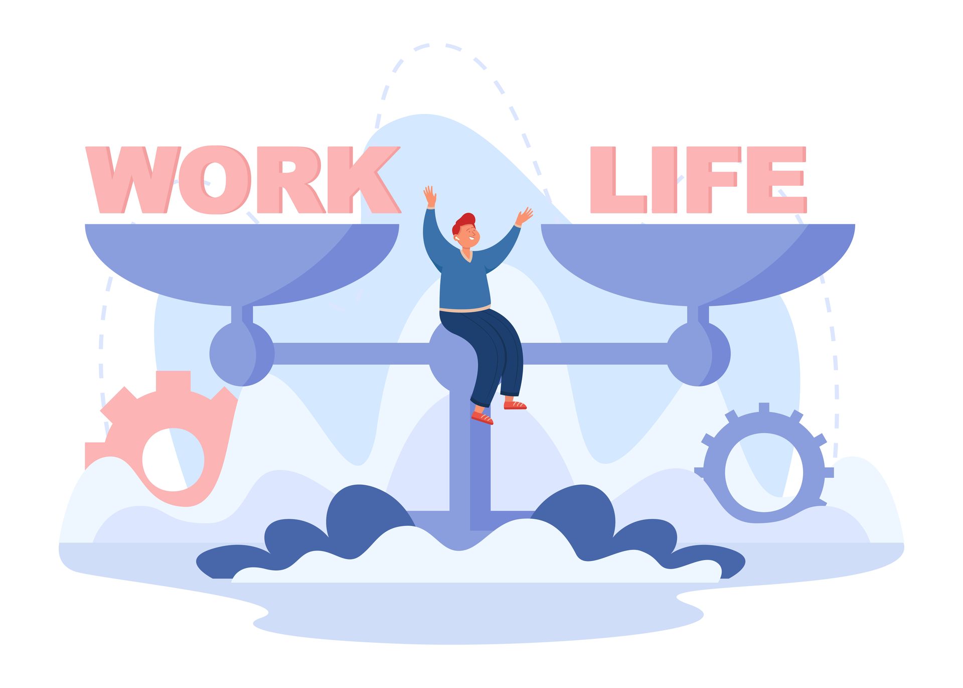 Illustration of work-life balance: a person sitting on scales labelled work and life