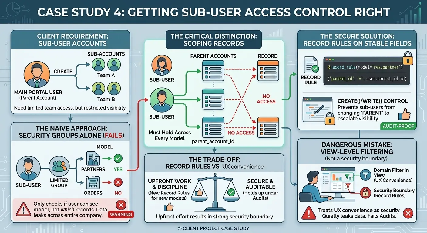Portal sub-user access control with record rules scoped to the parent account
